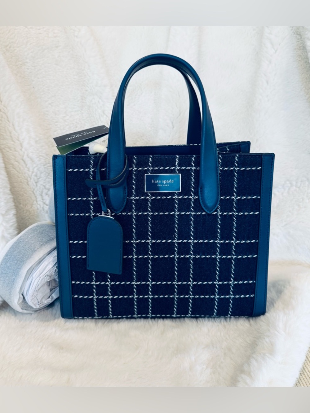 Kate Spade Manhattan denim check Navy Plaid Tote NWT spring summer bag